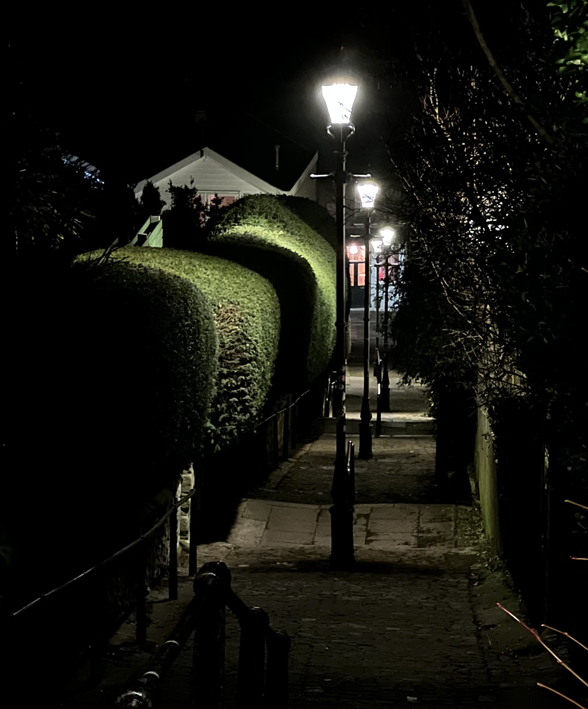 Photo of a passageway lit by street lamps