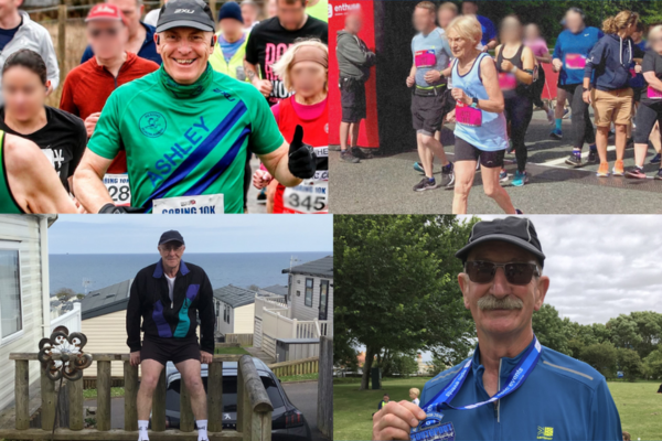 A collage of photos of the four runners running in The Great North Run