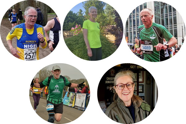 The five u3a members running in the Great North Run - individual pictures of them running are within circles on a blue background. From left to right, top to bottom: Chorleywood u3a member Rik, Rickmansworth u3a member Frances, Romsey Archway u3a member Nigel, Lymm & Thelwall u3a member Duncan, Haslemere u3a and Guildford u3a member Elizabeth.